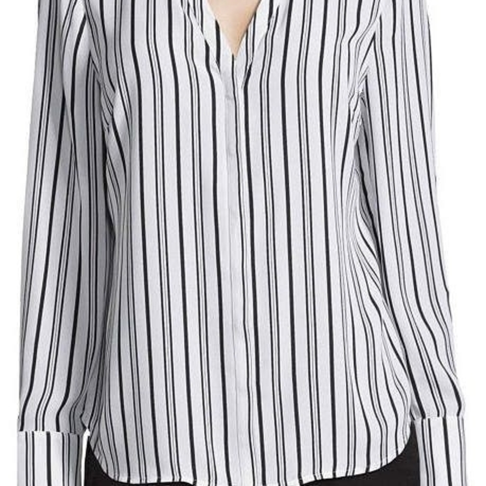 Worthington Womens White Black Striped Long Sleeve Button Front Shirt Petite PS